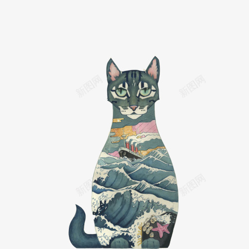 黑猫创意绘画片png免抠素材_新图网 https://ixintu.com 创意绘画 大海主题 猫咪 装饰画 黑猫