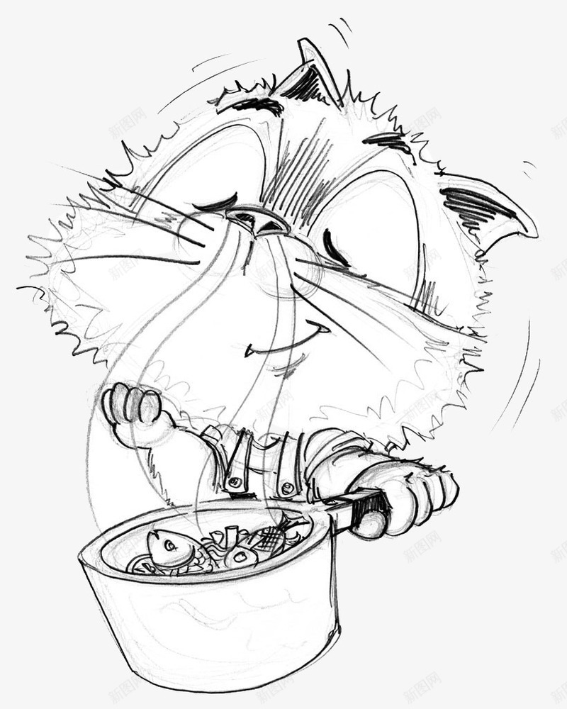 手绘的猫吃鱼png免抠素材_新图网 https://ixintu.com PNG素材 手绘 猫吃饭 猫咪 鱼汤