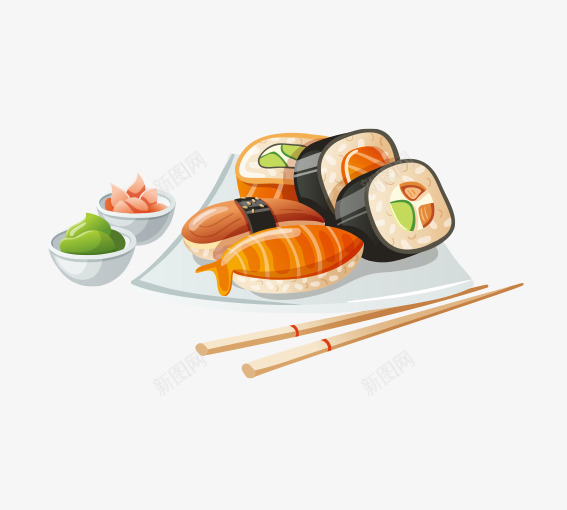 寿司png免抠素材_新图网 https://ixintu.com 卡通寿司 卡通蔬菜 卡通食物 卡通餐具 白色 绿色 黄色 黑色