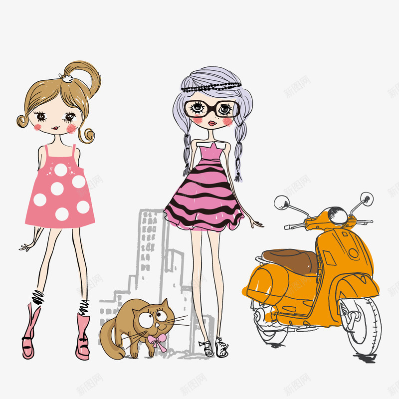 卡通手绘时尚女孩png免抠素材_新图网 https://ixintu.com 创意 动漫动画 卡通手绘 可爱的猫咪 时尚女孩 电动车 简约