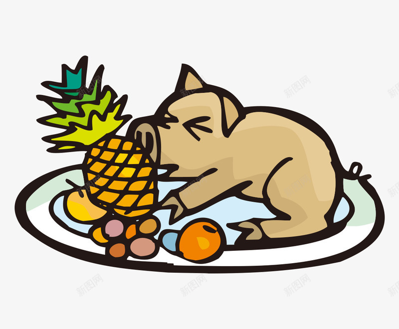 卡通餐盘上的猪与菠萝png免抠素材_新图网 https://ixintu.com 乳猪 卡通 小猪 水果 烤猪 菠萝 餐盘