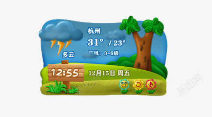 天气插件图标png_新图网 https://ixintu.com 多云 天气 天气图标 指示牌 时间 星期几 树 温度 绿色 蓝色
