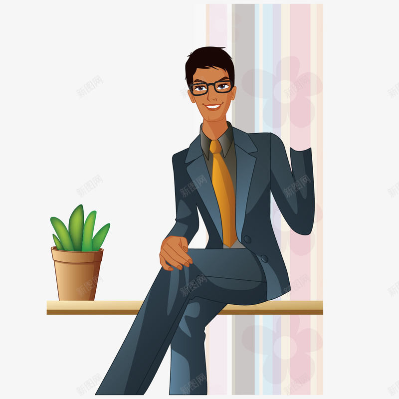 坐着的职业男性png免抠素材_新图网 https://ixintu.com ai 办公 卡通人物 商务 男性 绿植 背景 设计