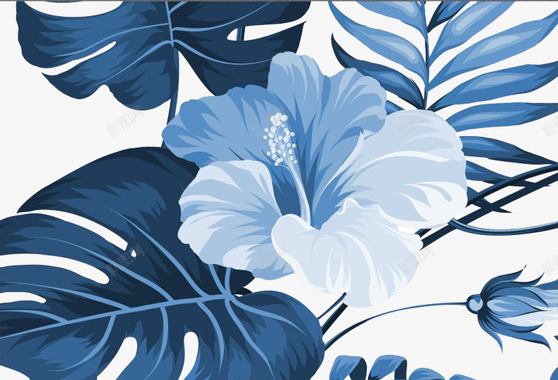 蓝色雨林植物背景png免抠素材_新图网 https://ixintu.com 手绘 热带植物 蓝色植物 雨林