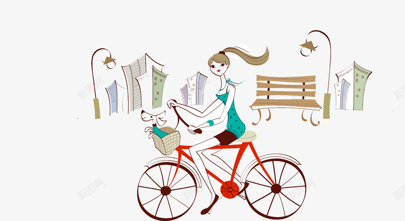 骑单车的女孩png免抠素材_新图网 https://ixintu.com 插画 时尚女子 线描