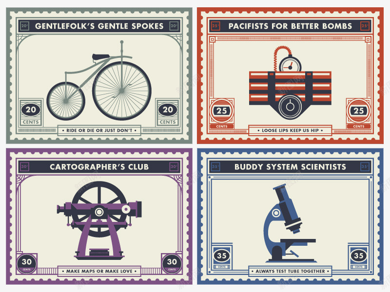 复古邮票psd免抠素材_新图网 https://ixintu.com 显微镜 自行车 装饰邮票 贴图装饰 邮票模板