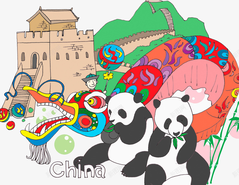 中国传统元素插画png免抠素材_新图网 https://ixintu.com 中国传统 卡通长城 熊猫 舞龙