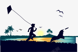 少年和狗黑色扁平海边风筝少年高清图片