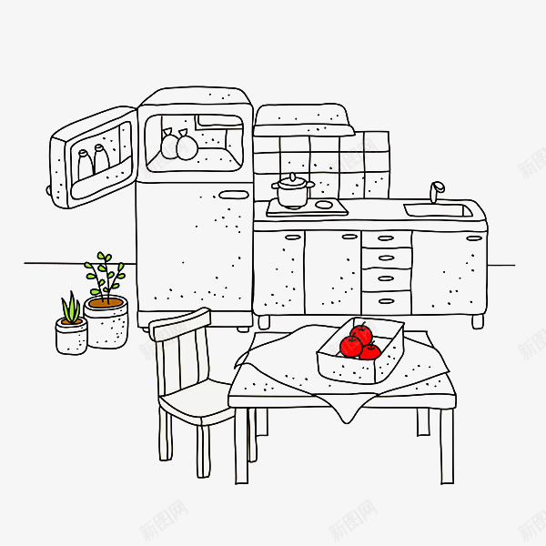 厨房电器png免抠素材_新图网 https://ixintu.com 冰箱 创意橱柜 厨房 插画 植物 橱柜 水果 餐具