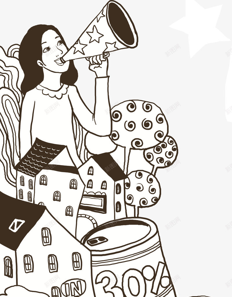 插画女孩png免抠素材_新图网 https://ixintu.com 乡村 人物 喇叭 女孩 房子 莲藕