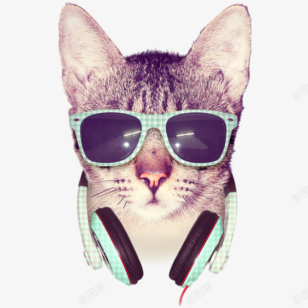 酷酷的猫png免抠素材_新图网 https://ixintu.com 图案设计 猫 眼镜 耳机