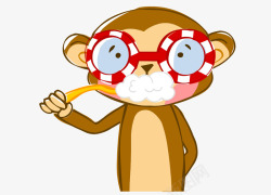 卡通手绘戴眼镜刷牙猴子素材