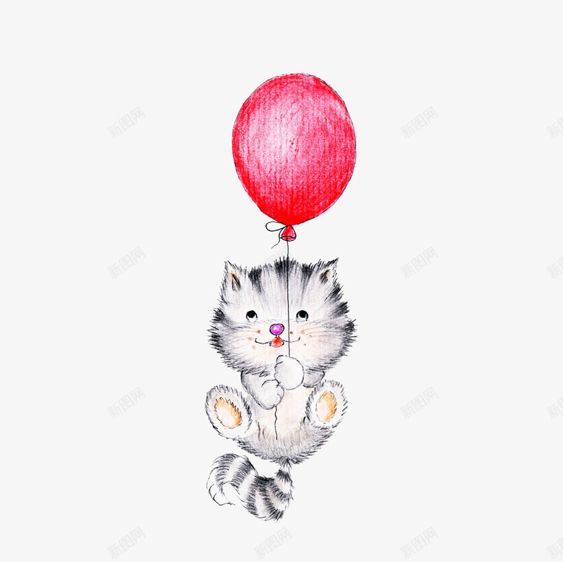 手绘拿着气球的猫咪png免抠素材_新图网 https://ixintu.com 手绘气球 手绘猫咪 空中的气球 空中的猫咪