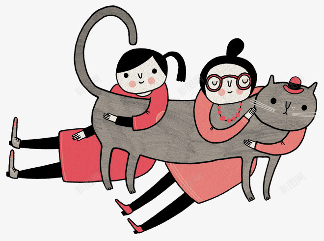 两个女孩抱着一只猫咪png免抠素材_新图网 https://ixintu.com 动物 卡通 女孩 手绘 猫咪 眼镜 短发 红色 裙子