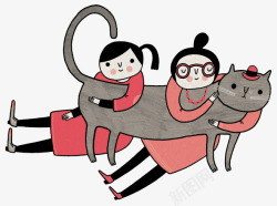 两个女孩抱着一只猫咪素材