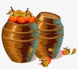 两个短板木桶木桶上的柿子高清图片