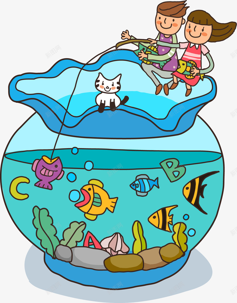 卡通儿童钓鱼png免抠素材_新图网 https://ixintu.com 儿童 卡通 猫咪 玻璃缸 金鱼 钓鱼