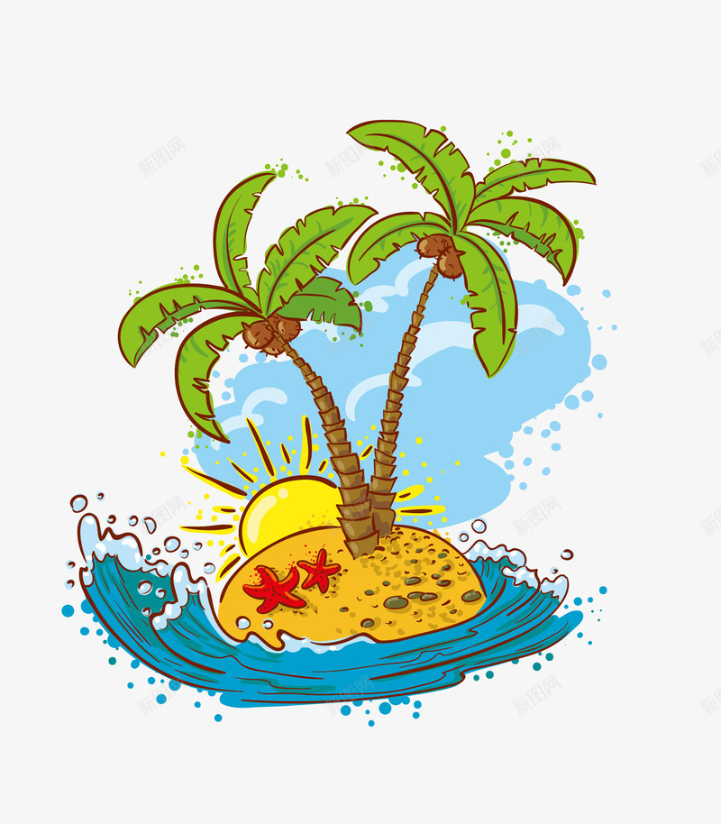 卡通旅游椰子树png免抠素材_新图网 https://ixintu.com 卡通 旅游 椰子树 浪花 海边