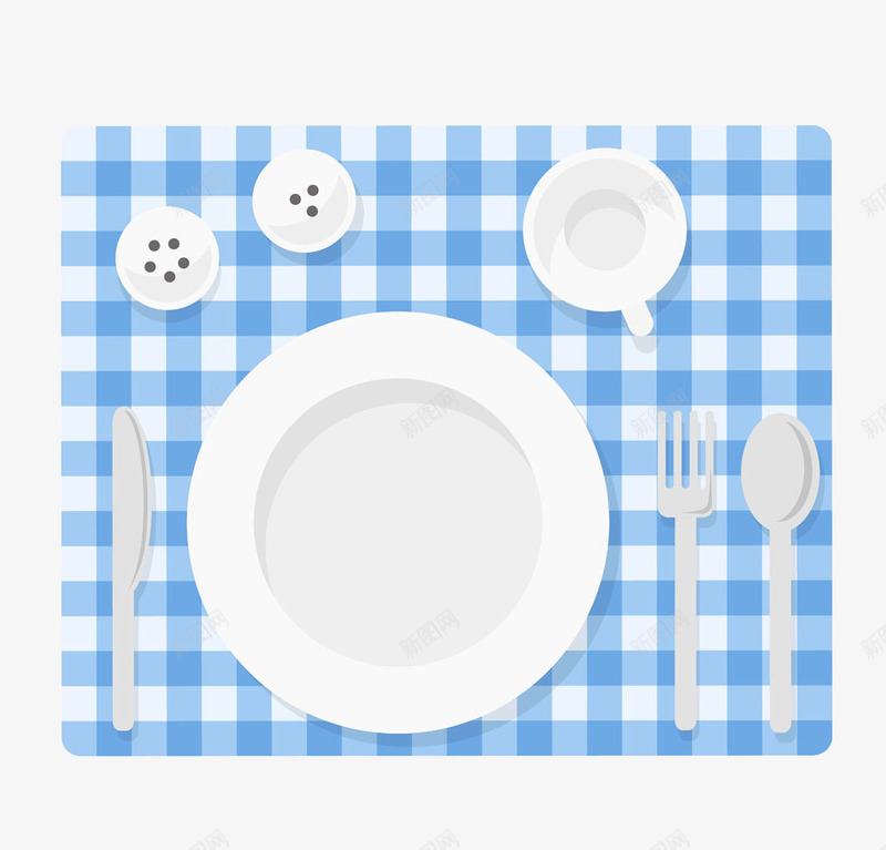 蓝色餐布上的餐具png免抠素材_新图网 https://ixintu.com 格子餐布 餐具 餐布