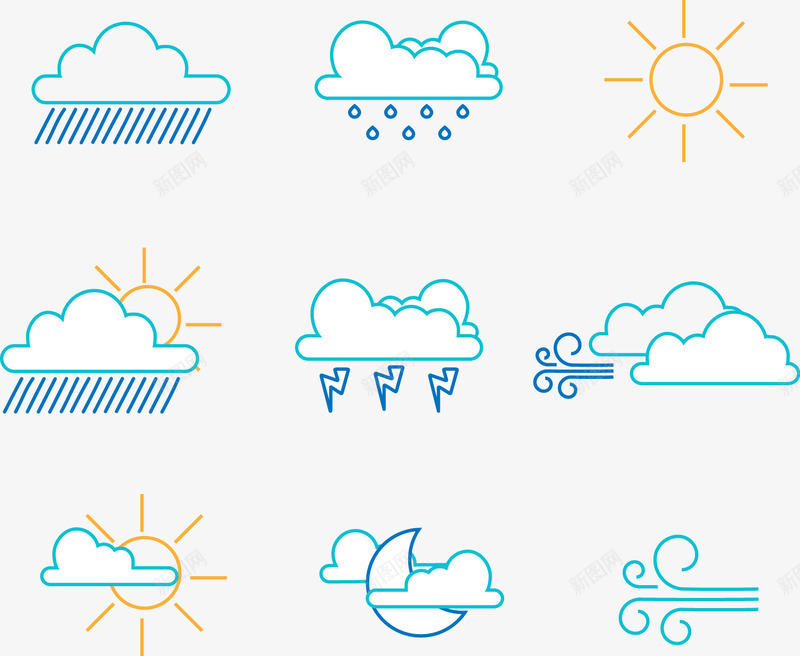 手绘天气图标矢量图ai_新图网 https://ixintu.com 下雨 多云 天气 手绘 雷电 矢量图