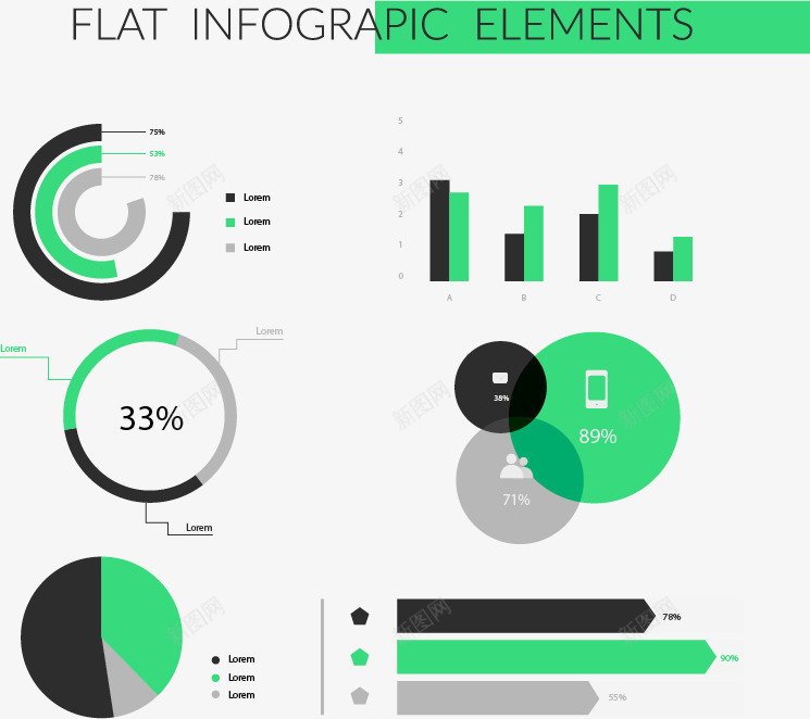 扁平数据图表png免抠素材_新图网 https://ixintu.com 条形图 柱图 环形图 绿色 饼图