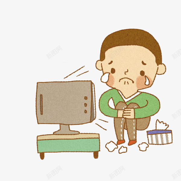 看电视的男孩png免抠素材_新图网 https://ixintu.com 伤心的 卡通 哭啼的 手绘 抽纸 电视机 纸团