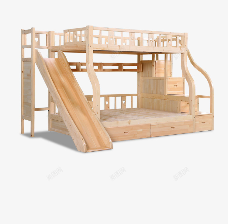 带滑梯的简约木制双人床png免抠素材_新图网 https://ixintu.com 儿童家具 儿童床 双层床 家具 床 木床 滑梯 童床