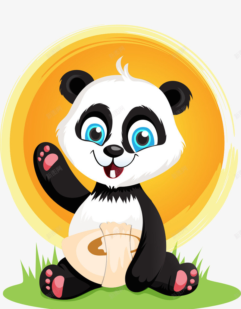 卡通手绘可爱坐草地熊猫矢量图