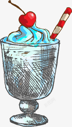 蓝色手绘冰淇淋甜品素材