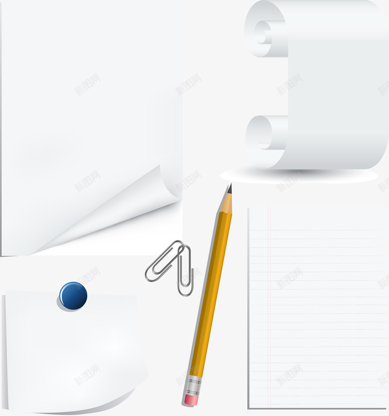 办公桌上的纸png免抠素材_新图网 https://ixintu.com 办公 办公桌 办公纸 商务用纸 回形针 白纸 铅笔