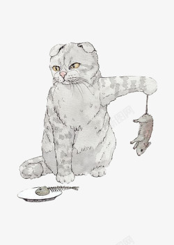 水彩虾尾手绘水彩不吃老鼠的猫咪高清图片
