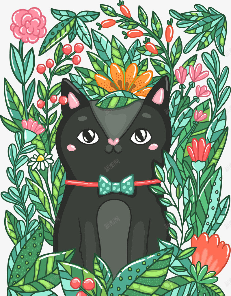 黑色猫咪矢量图eps免抠素材_新图网 https://ixintu.com 动物 猫猫 花卉 花园 矢量图