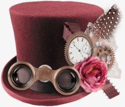 花朵时钟红色礼帽绅士高帽装饰高清图片