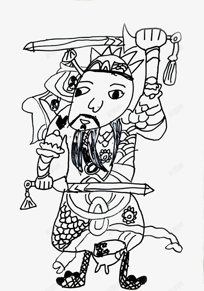 门神png免抠素材_新图网 https://ixintu.com 中国传统门神 年画 新年元素 黑白线描