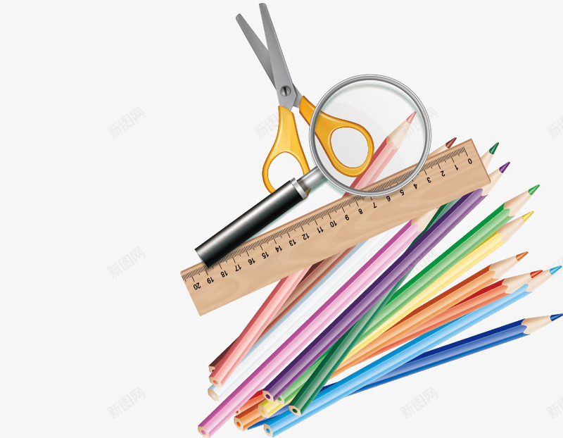 学习用品png免抠素材_新图网 https://ixintu.com 剪刀 学习用品 尺寸 彩色铅笔 放大镜 钢笔