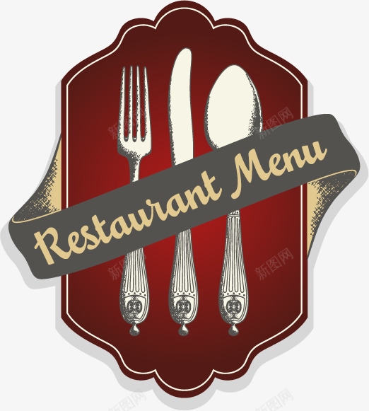 复古餐厅标签png免抠素材_新图网 https://ixintu.com 丝带 叉子 复古 餐具 餐厅