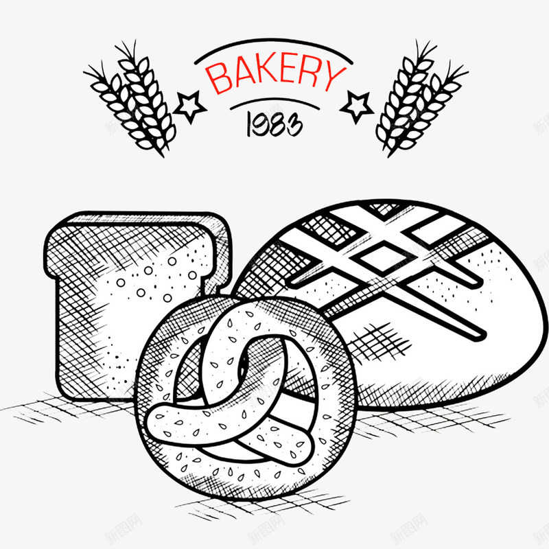 手绘面包糕点png免抠素材_新图网 https://ixintu.com 五角星 小麦 手绘烘培 手绘糕点 手绘面包 素描 面包圈