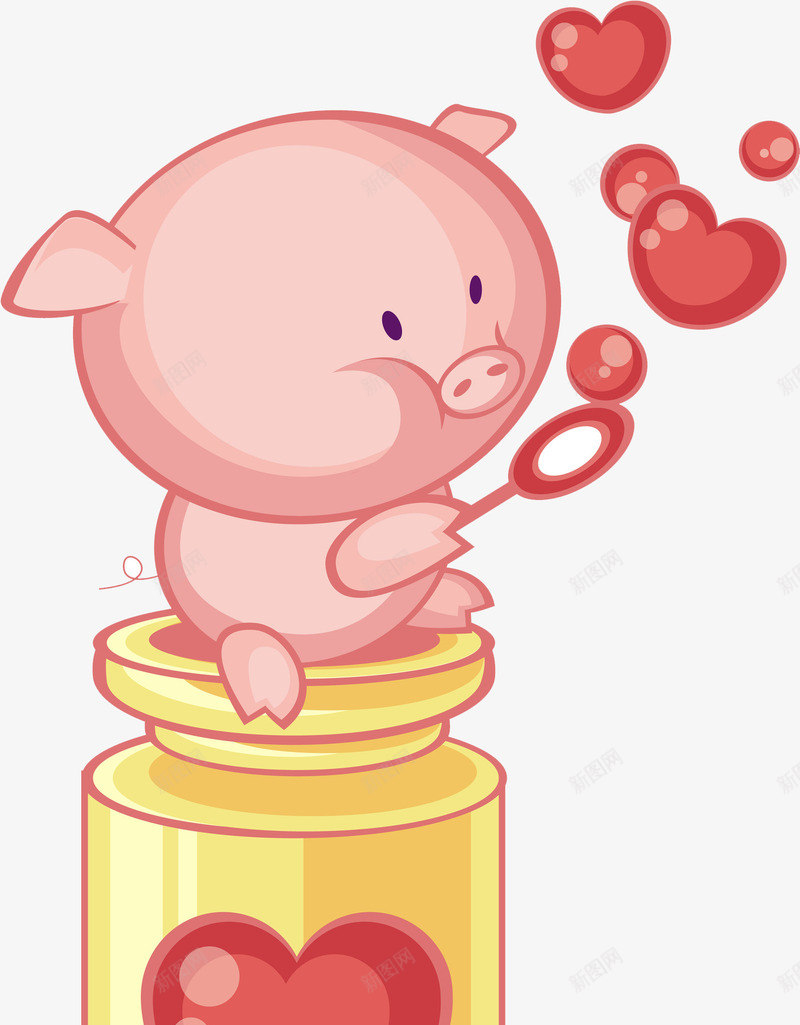 卡通小猪png免抠素材_新图网 https://ixintu.com 可爱 吹泡泡 小猪 手绘 爱心 粉色 红色 罐子
