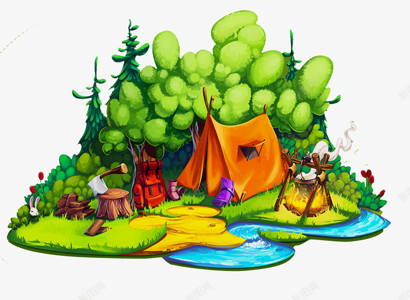 绿树和帐篷png免抠素材_新图网 https://ixintu.com 卡通 帐篷 手绘 橘色 简图 绿树 绿色的 草地 露营