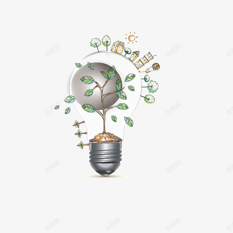 绿色节能png免抠素材_新图网 https://ixintu.com 建筑 树 灯泡 节能环保