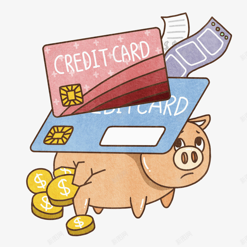 手绘小猪png免抠素材_新图网 https://ixintu.com 信用卡 动物 卡通 可爱 宠物 小猪 手绘 水彩 金币 金色