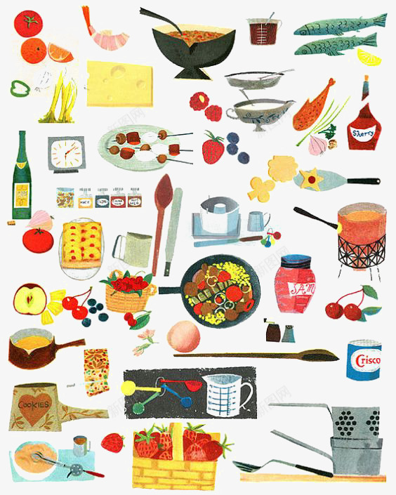 卡通食材厨具png免抠素材_新图网 https://ixintu.com 厨具 平底锅 手绘食材 美食 餐具