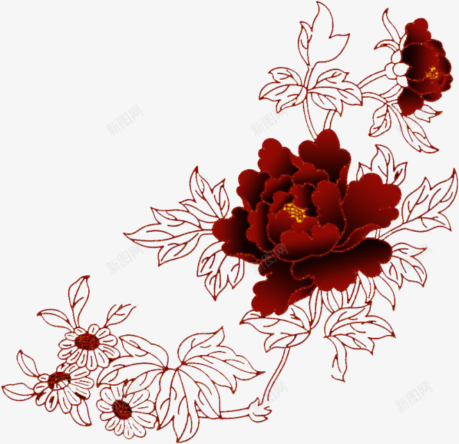中国红花朵线描png免抠素材_新图网 https://ixintu.com PNG 中国红 线描 花朵