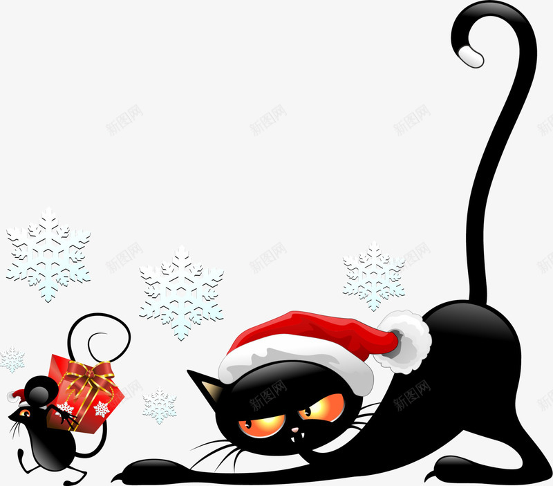 圣诞节可爱黑色猫咪png免抠素材_新图网 https://ixintu.com 可爱猫咪 圣诞帽 圣诞节猫咪 圣诞节老鼠 白色雪花 黑色猫咪