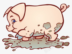 浸在污泥中可爱卡通小猪污泥中爬行高清图片