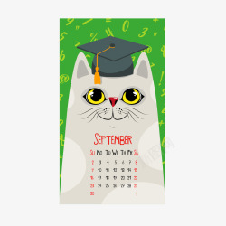 绿色博士帽猫咪2018年九月挂历素材