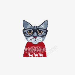 猫嘴穿红毛衣的灰猫高清图片