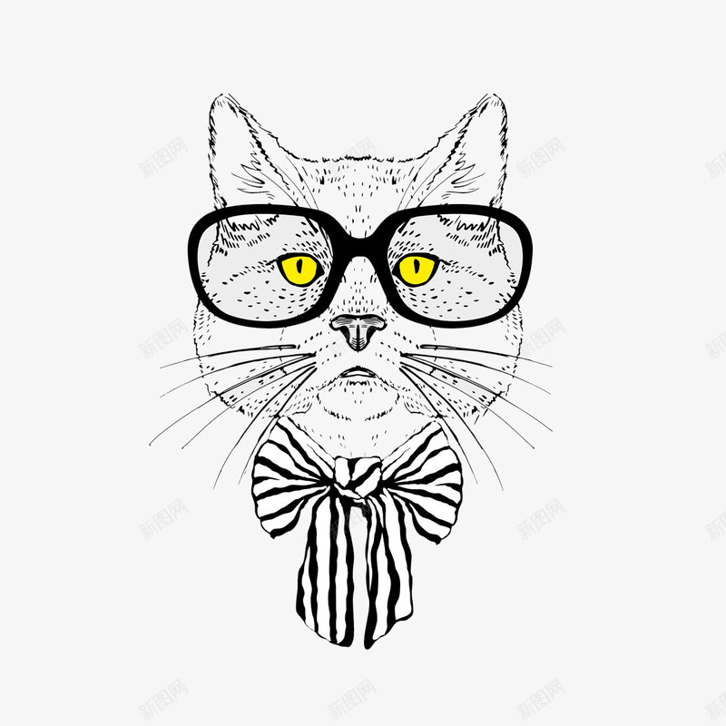 戴眼镜的绅士猫png免抠素材_新图网 https://ixintu.com 带花纹 戴眼镜的猫 白猫 长胡须 黄眼睛 黑眼镜 黑色领结