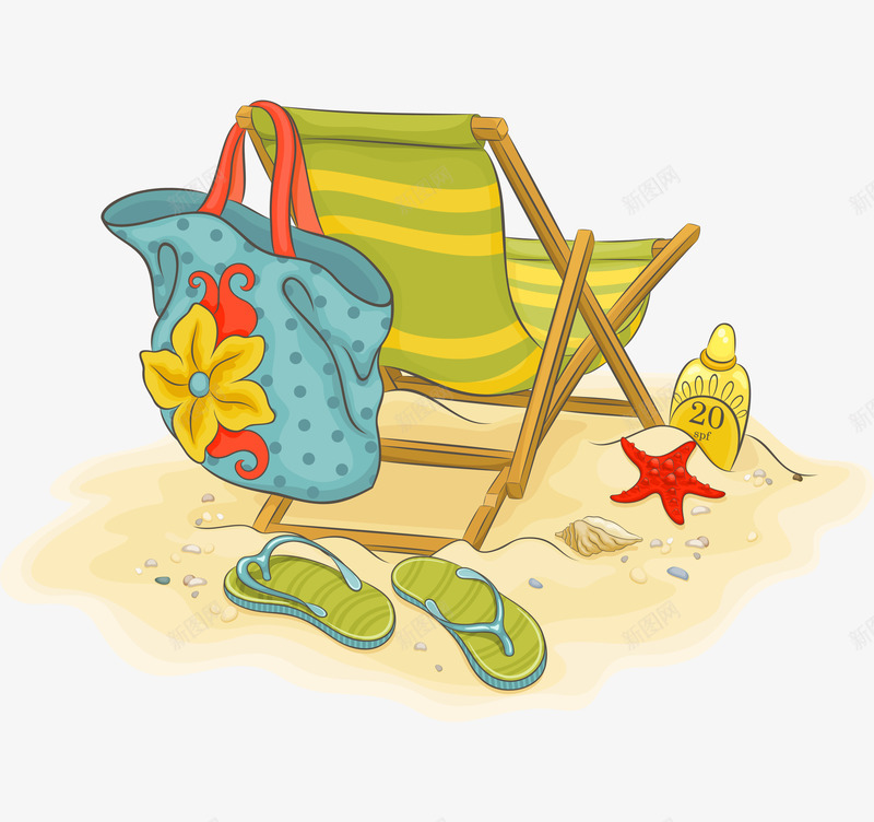 沙滩椅和人字拖手绘图png免抠素材_新图网 https://ixintu.com 大海 手绘图 沙滩 沙滩椅 海边 花朵图案包包