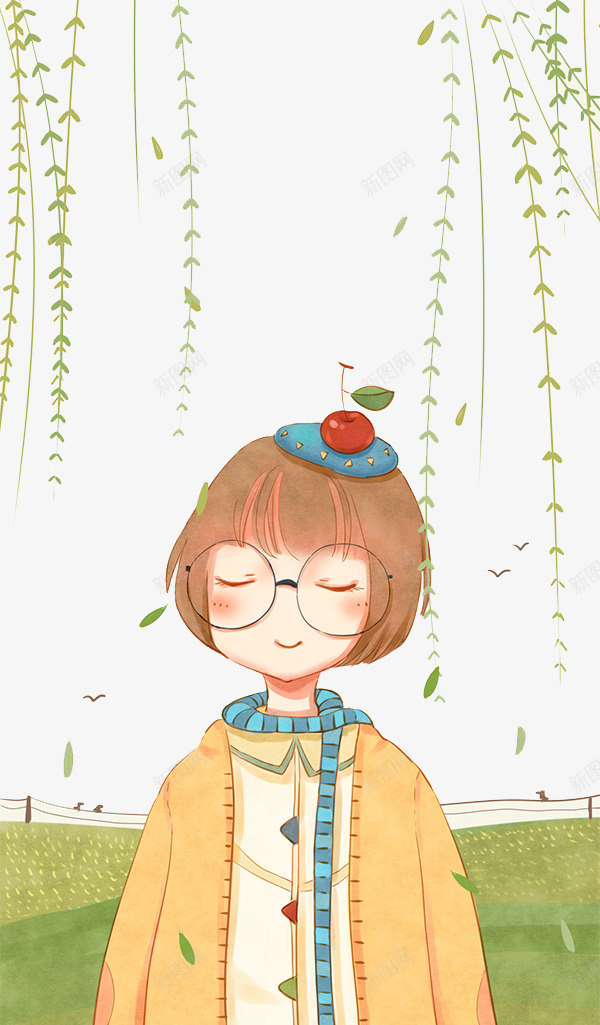 手绘柳树下的女孩png免抠素材_新图网 https://ixintu.com 小女孩 手绘素材 柳树 植物元素 眼镜
